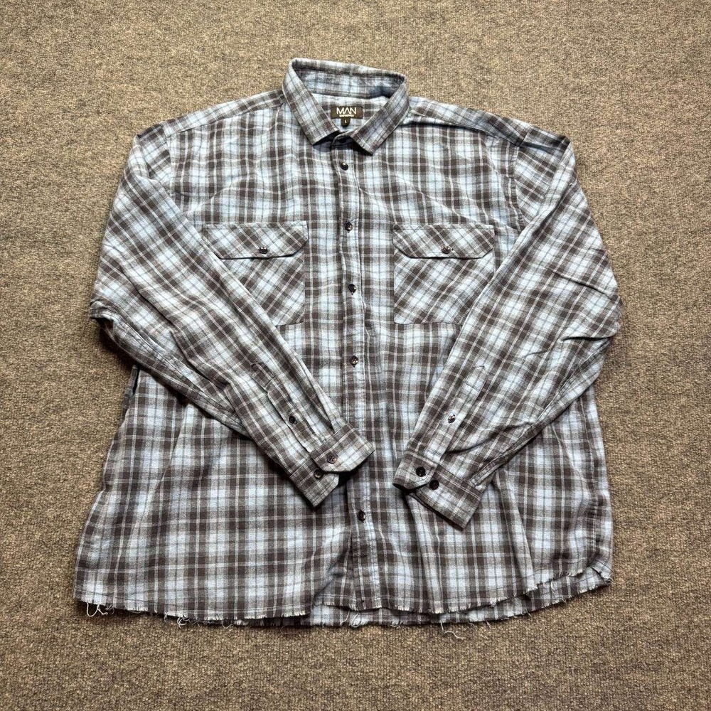 BoohooMAN Flannel Shirt‎ Mens Large Blue Brown Plaid Long Sleeve Button Down Top